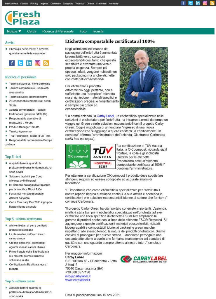 Screenshot Articolo su FreshPlaza