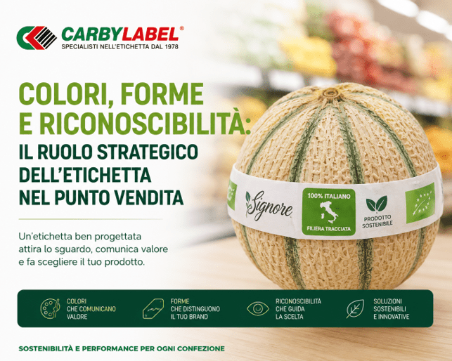 Etichette personalizzate Carby Label® con grafica ad alto impatto visivo applicate su confezioni ortofrutticole.