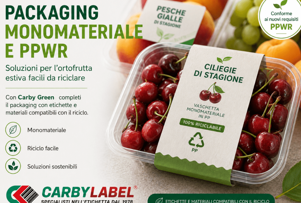 Packaging monomateriale Carby Label&reg; per frutta e verdura estiva con materiali sostenibili.