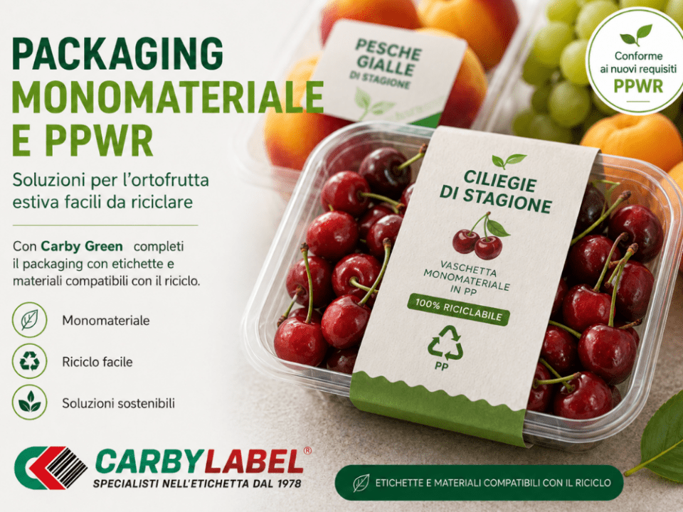 Packaging monomateriale Carby Label® per frutta e verdura estiva con materiali sostenibili.