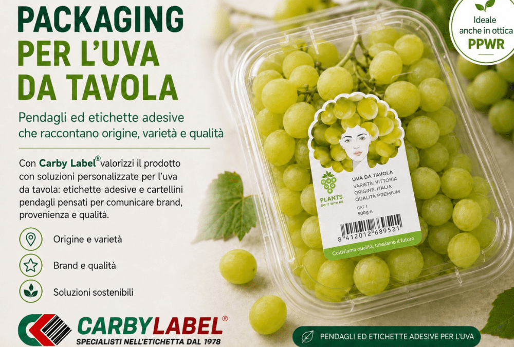 Pendaglio personalizzato Carby Label&reg; applicato a un grappolo di uva da tavola.