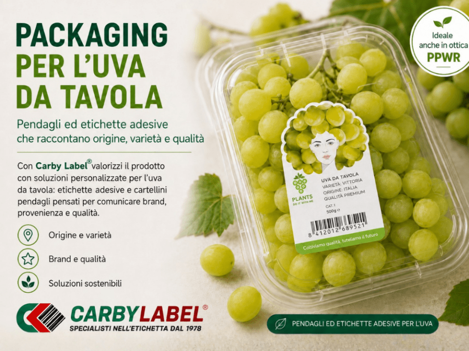 Pendaglio personalizzato Carby Label® applicato a un grappolo di uva da tavola.