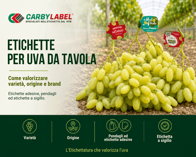 Etichetta a sigillo personalizzata applicata sul raspo di un grappolo di uva da tavola